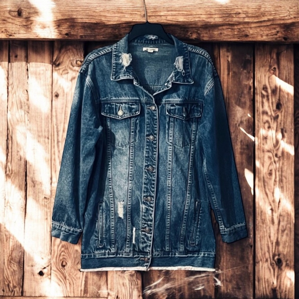 Francesca's Miami Distressed Fringe Boyfriend Jean Jacket